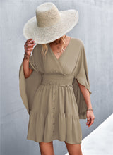Load image into Gallery viewer, Decorative Button Smocked Waist Surplice Dress