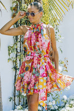 Load image into Gallery viewer, Floral Polka Dot Belted Sleeveless Mini Dress