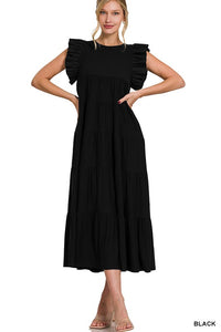 RUFFLED CAP SLEEVE BABYDOLL TIERED MAXI DRESS