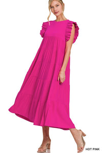 RUFFLED CAP SLEEVE BABYDOLL TIERED MAXI DRESS