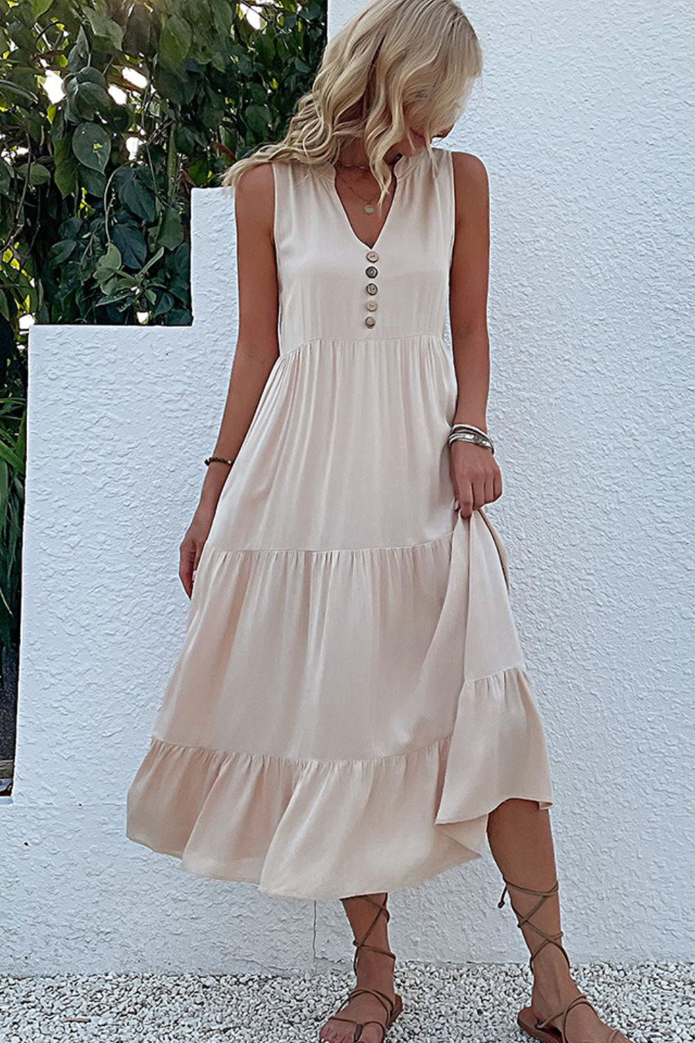 Decorative Button Sleeveless Tiered Dress