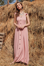 Load image into Gallery viewer, Decorative Button Ruffle Trim Smocked Maxi Dress
