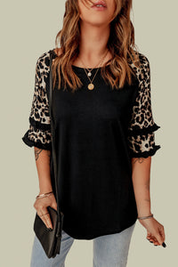 Leopard Contrast Ruffled Top