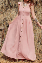 Load image into Gallery viewer, Decorative Button Ruffle Trim Smocked Maxi Dress
