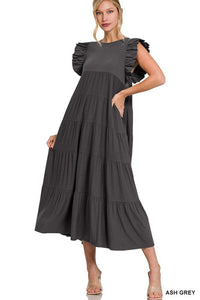 RUFFLED CAP SLEEVE BABYDOLL TIERED MAXI DRESS